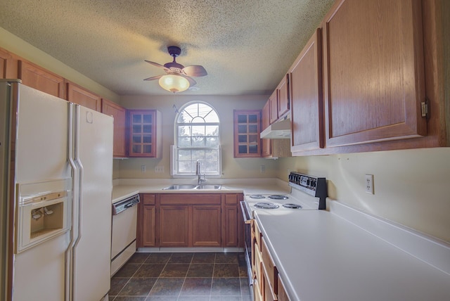 9028 Warbler Ln, Chattanooga, TN 37421 - kitchen with white appliances, under cabinet range hood, light countertops, ceiling fan, and a textured ceiling