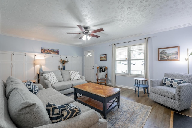 171 Gentry Rd, Ringgold, GA 30736 - living room featuring crown molding, a ceiling fan, wood finished floors, and a textured ceiling