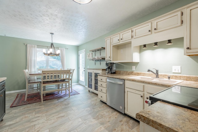 171 Gentry Rd, Ringgold, GA 30736 - kitchen featuring stainless steel dishwasher, a chandelier, open shelves, a textured ceiling, and decorative light fixtures