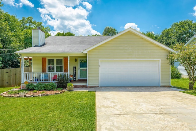 171 Gentry Rd, Ringgold, GA 30736 - single story home with a porch, a front yard, a chimney, driveway, and an attached garage