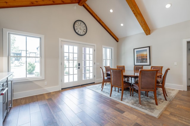 8 Heather Ln, Rising Fawn, GA 30738 - dining space with beam ceiling, high vaulted ceiling, recessed lighting, french doors, and dark wood-style flooring