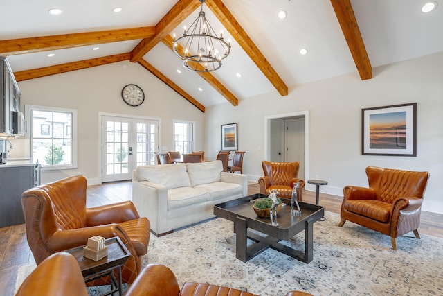 8 Heather Ln, Rising Fawn, GA 30738 - living area featuring a chandelier, light wood-type flooring, beamed ceiling, recessed lighting, and high vaulted ceiling