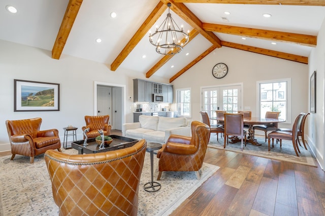 8 Heather Ln, Rising Fawn, GA 30738 - living area featuring dark wood-type flooring, a chandelier, recessed lighting, beam ceiling, and high vaulted ceiling