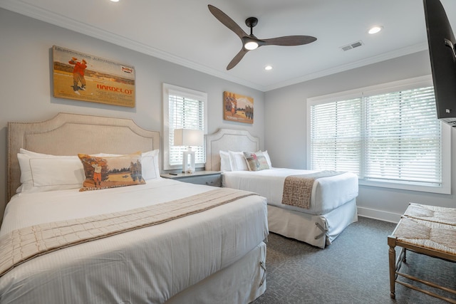 8 Heather Ln, Rising Fawn, GA 30738 - bedroom with dark carpet, recessed lighting, ornamental molding, and a ceiling fan