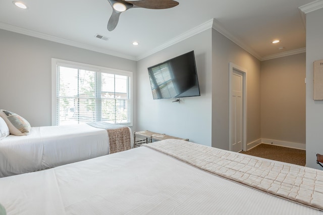 8 Heather Ln, Rising Fawn, GA 30738 - bedroom featuring recessed lighting, dark carpet, ornamental molding, and a ceiling fan