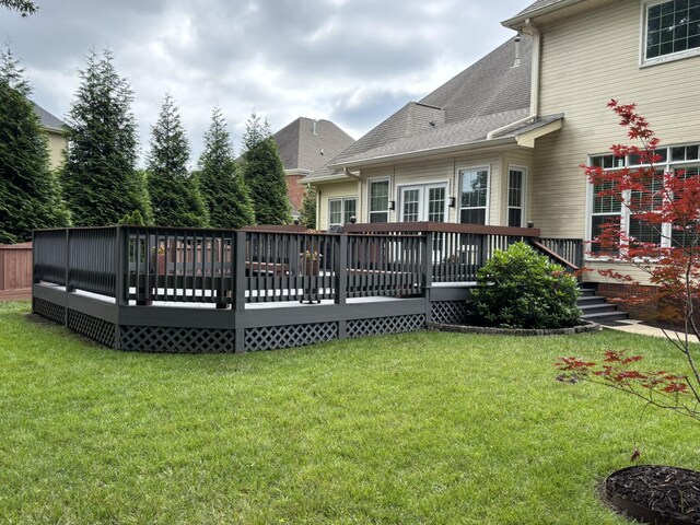6419 Camdendown Ln, Hixson, TN 37343 - back of property featuring a wooden deck, roof with shingles, and a yard