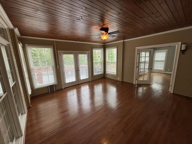 6419 Camdendown Ln, Hixson, TN 37343 - unfurnished room with ornamental molding, french doors, wood ceiling, a ceiling fan, and dark wood-style floors