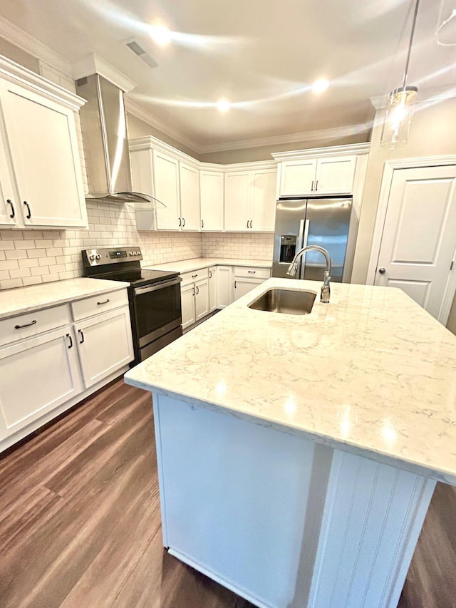 8127 Slugger Way, Chattanooga, TN 37421 - kitchen with appliances with stainless steel finishes, wall chimney range hood, an island with sink, dark wood finished floors, and backsplash