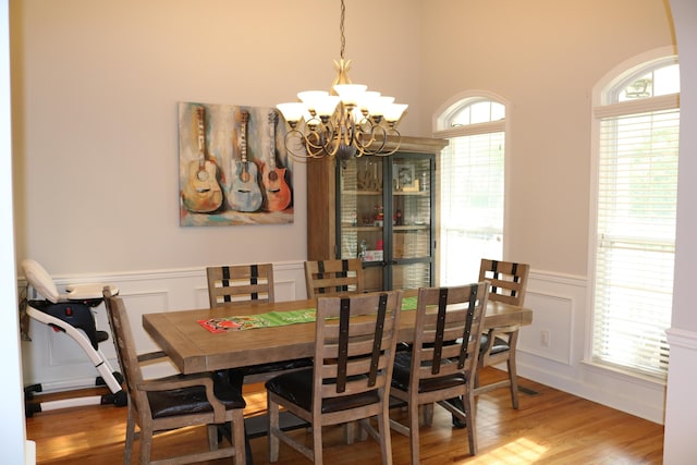 7354 Kayla Beth Ct, Ooltewah, TN 37363 - dining room with a chandelier, a decorative wall, a wainscoted wall, and wood finished floors