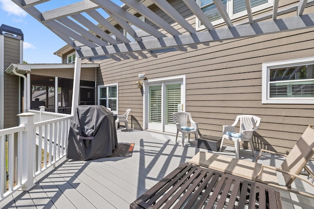 8014 Woodstone Dr, Hixson, TN 37343 - deck featuring a pergola, a sunroom, and grilling area