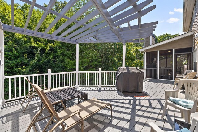 8014 Woodstone Dr, Hixson, TN 37343 - wooden deck with a sunroom, a pergola, and a grill