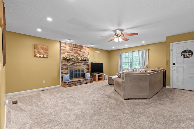 1018 Ridgeway Ave, Signal Mountain, TN 37377 - carpeted living room with ceiling fan, a brick fireplace, and recessed lighting