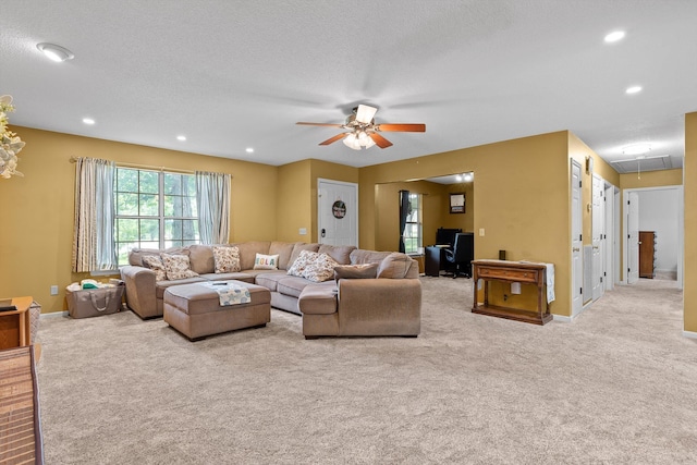 1018 Ridgeway Ave, Signal Mountain, TN 37377 - carpeted living room featuring attic access, ceiling fan, an office area, and recessed lighting