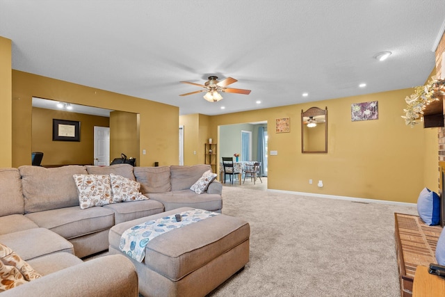 1018 Ridgeway Ave, Signal Mountain, TN 37377 - carpeted living room featuring a ceiling fan, recessed lighting, and a fireplace