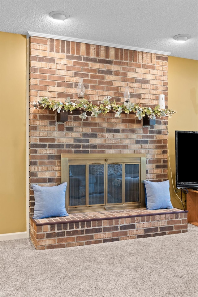 1018 Ridgeway Ave, Signal Mountain, TN 37377 - detailed view of a fireplace, a textured ceiling, and carpet