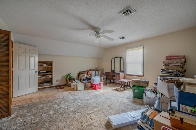 200 Whippoorwill Ln, Lafayette, GA 30728 - miscellaneous room with ceiling fan, carpet floors, a textured ceiling, and vaulted ceiling