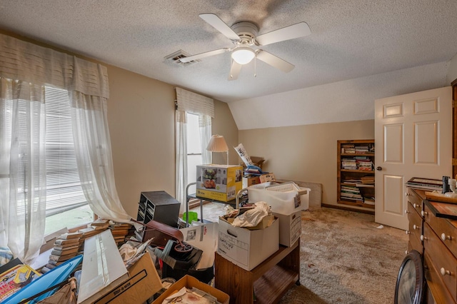 200 Whippoorwill Ln, Lafayette, GA 30728 - office space featuring ceiling fan, a textured ceiling, carpet, and vaulted ceiling