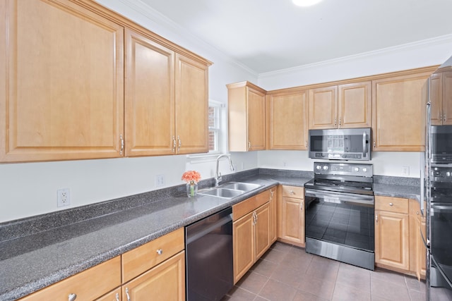 3102 Regency Ct, Chattanooga, TN 37421 - kitchen featuring stainless steel appliances, light brown cabinets, tile patterned flooring, crown molding, and dark stone counters