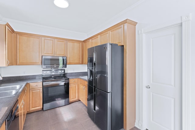 3102 Regency Ct, Chattanooga, TN 37421 - kitchen with appliances with stainless steel finishes, dark countertops, tile patterned floors, crown molding, and light brown cabinetry