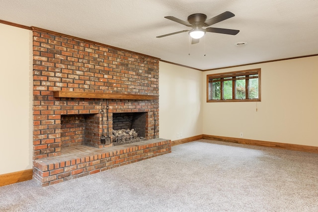 1920 Campbell Dr NW, Cleveland, TN 37312 - unfurnished living room with carpet flooring, crown molding, a brick fireplace, a ceiling fan, and a textured ceiling