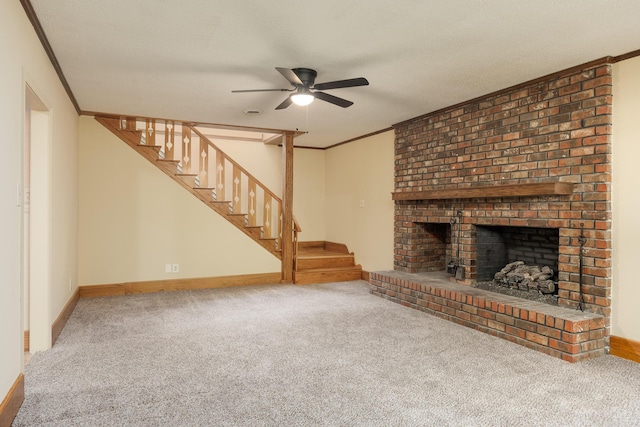 1920 Campbell Dr NW, Cleveland, TN 37312 - unfurnished living room with carpet floors, stairway, ceiling fan, crown molding, and a fireplace