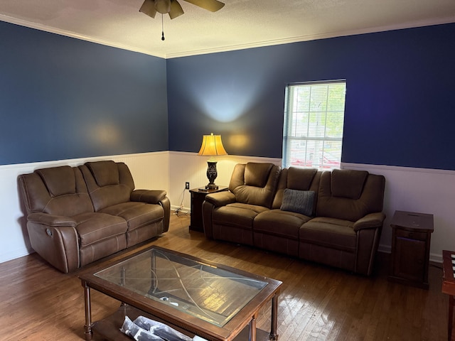 210 Laurel Ave, South Pittsburg, TN 37380 - living area with a ceiling fan, a wainscoted wall, hardwood / wood-style floors, and ornamental molding