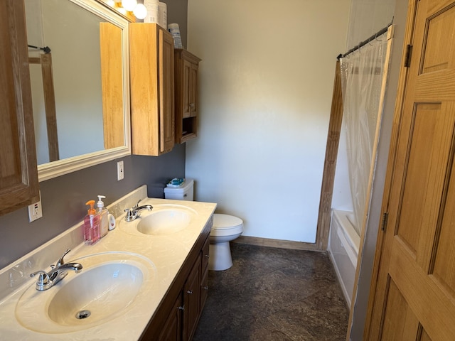 210 Laurel Ave, South Pittsburg, TN 37380 - full bathroom featuring double vanity, shower / tub combo with curtain, and stone finish flooring