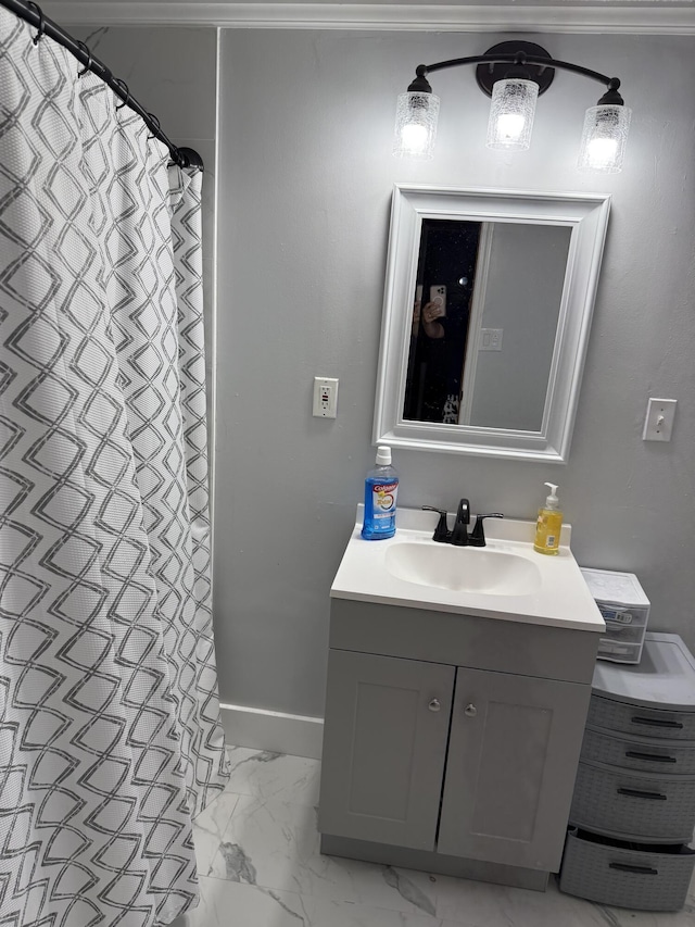 210 Laurel Ave, South Pittsburg, TN 37380 - bathroom with vanity, marble finish floors, and a shower with shower curtain