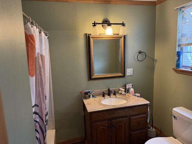 210 Laurel Ave, South Pittsburg, TN 37380 - full bathroom featuring vanity, a shower with shower curtain, and crown molding