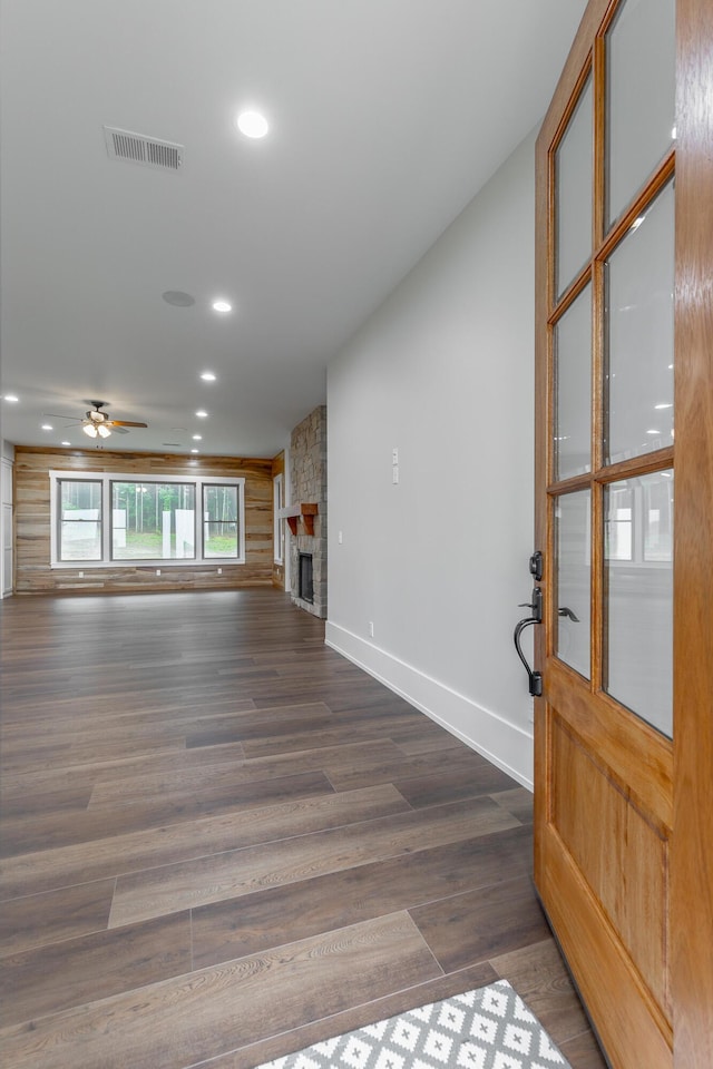220 High Point Ln, Jasper, TN 37347 - unfurnished living room featuring recessed lighting, a stone fireplace, dark wood finished floors, and a ceiling fan