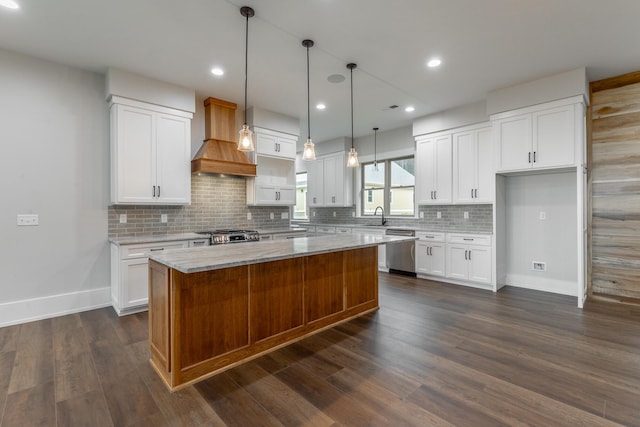 220 High Point Ln, Jasper, TN 37347 - kitchen featuring stainless steel dishwasher, custom range hood, a center island, white cabinets, and recessed lighting