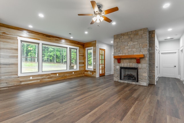 220 High Point Ln, Jasper, TN 37347 - unfurnished living room featuring wood finished floors, ceiling fan, a stone fireplace, and recessed lighting
