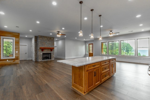 220 High Point Ln, Jasper, TN 37347 - kitchen with a ceiling fan, open floor plan, dark wood finished floors, a fireplace, and recessed lighting