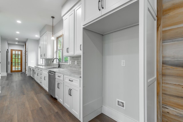 220 High Point Ln, Jasper, TN 37347 - kitchen with dishwasher, white cabinetry, dark wood-style floors, recessed lighting, and tasteful backsplash