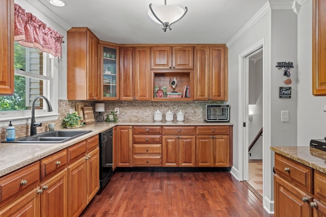 4522 Cloverdale Loop, Hixson, TN 37343 - kitchen featuring dishwasher, brown cabinetry, dark wood-style flooring, tasteful backsplash, and crown molding