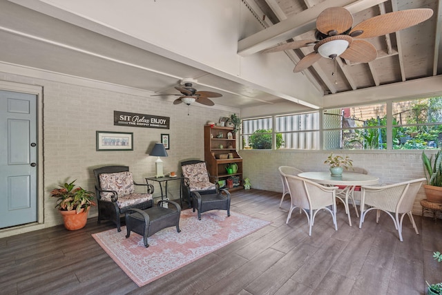 4522 Cloverdale Loop, Hixson, TN 37343 - dining room with ceiling fan, dark wood-type flooring, brick wall, beam ceiling, and high vaulted ceiling