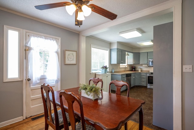 1318 Joiner Rd, Chattanooga, TN 37421 - dining space with crown molding, healthy amount of natural light, a ceiling fan, and a textured ceiling