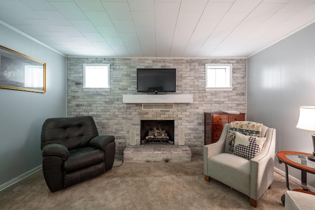 1318 Joiner Rd, Chattanooga, TN 37421 - living area with crown molding, a brick fireplace, and carpet floors