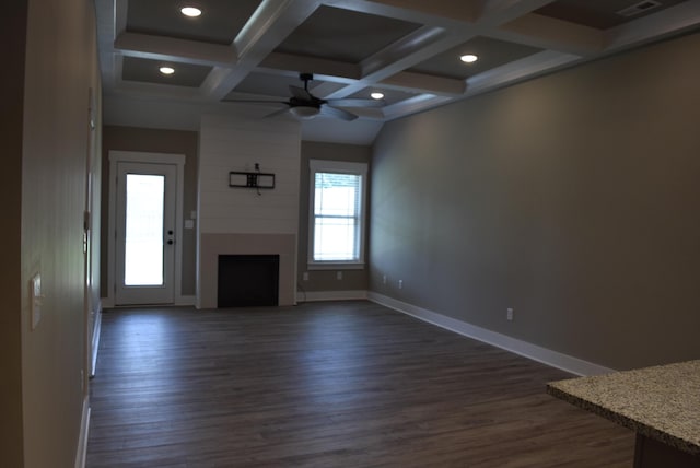 81 Morning Mist Dr, Rossville, GA 30741 - unfurnished living room featuring ceiling fan, coffered ceiling, dark wood-type flooring, recessed lighting, and beamed ceiling