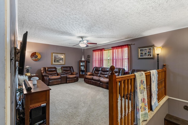 144 Bible Dr, Benton, TN 37307 - carpeted living room with ceiling fan and a textured ceiling