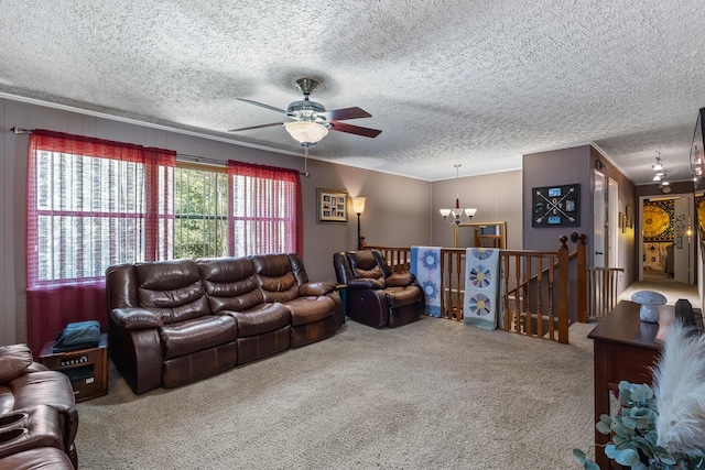144 Bible Dr, Benton, TN 37307 - living area with a chandelier, carpet, ceiling fan, a textured ceiling, and crown molding