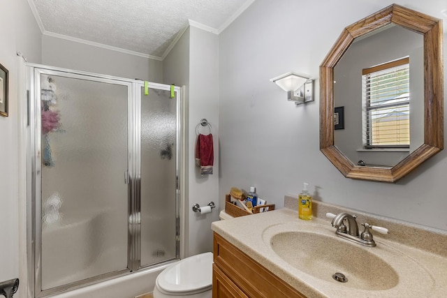 144 Bible Dr, Benton, TN 37307 - full bath featuring a stall shower, vanity, a textured ceiling, and ornamental molding