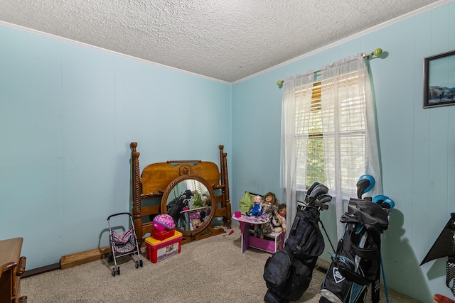 144 Bible Dr, Benton, TN 37307 - bedroom with carpet flooring, crown molding, a textured ceiling, and a decorative wall