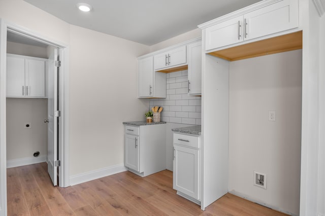 812 Aubrey Ave, Chattanooga, TN 37411 - kitchen featuring backsplash, light wood-style flooring, white cabinets, stone counters, and recessed lighting