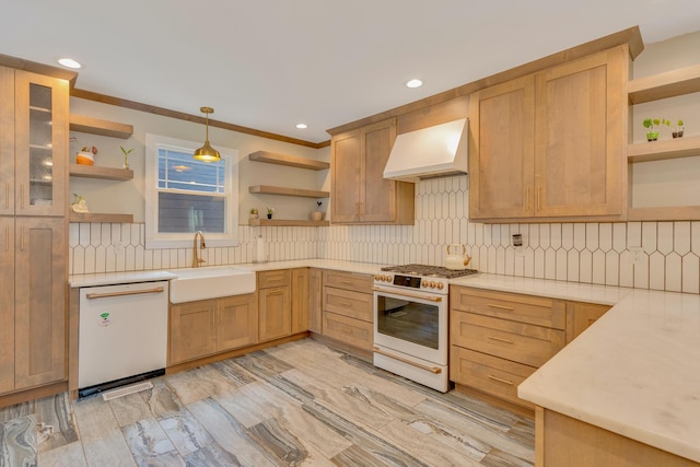 1132 Dartmouth St, Chattanooga, TN 37405 - kitchen with open shelves, white appliances, custom exhaust hood, decorative backsplash, and light countertops