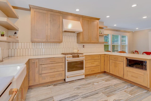 1132 Dartmouth St, Chattanooga, TN 37405 - kitchen with open shelves, white range with gas cooktop, custom exhaust hood, light brown cabinets, and recessed lighting