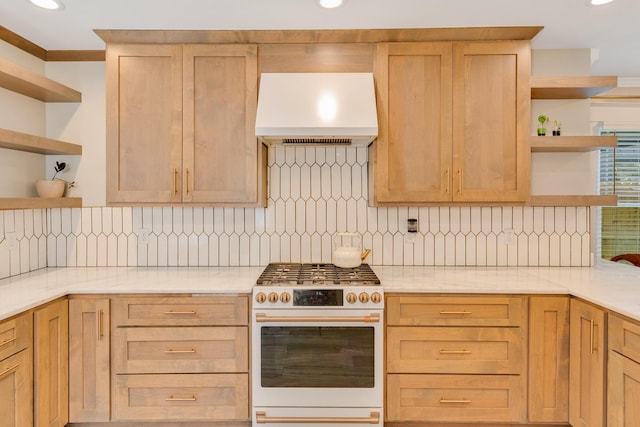1132 Dartmouth St, Chattanooga, TN 37405 - kitchen featuring open shelves, gas range gas stove, premium range hood, light brown cabinetry, and light countertops
