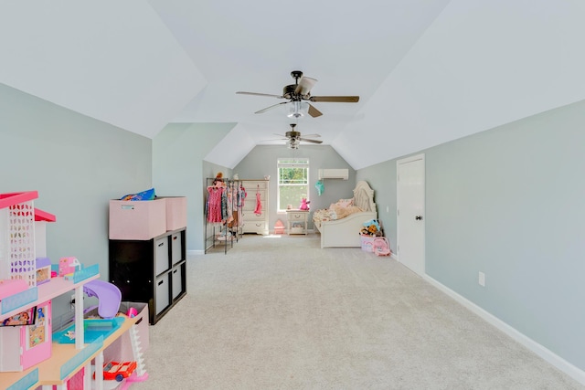 1132 Dartmouth St, Chattanooga, TN 37405 - playroom featuring an AC wall unit, vaulted ceiling, carpet floors, and ceiling fan