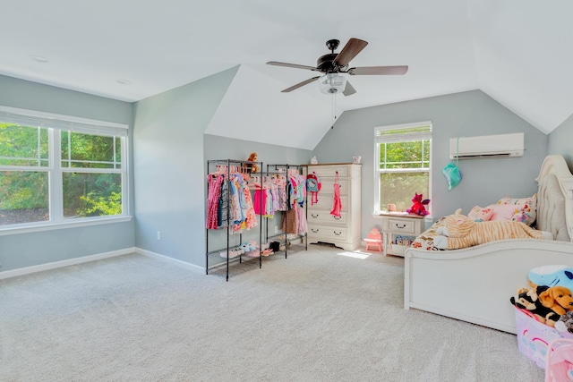 1132 Dartmouth St, Chattanooga, TN 37405 - carpeted bedroom featuring an AC wall unit, lofted ceiling, and ceiling fan