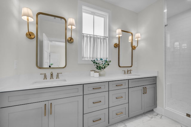 2576 Butlers Green Cir Unit 7, Chattanooga, TN 37421 - bathroom featuring marble finish floors, double vanity, and a shower stall